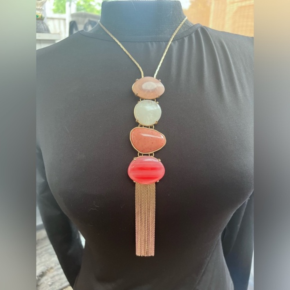 Chicos Necklace Pink Rose White Quartz Ombre Tassel 34in Adj Slide Bolo Chain